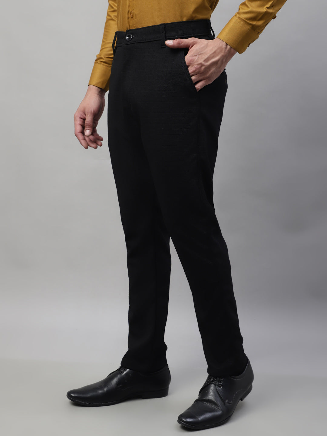Jainish Men's Black Tapered Fit Formal Trousers | Swadesiicart