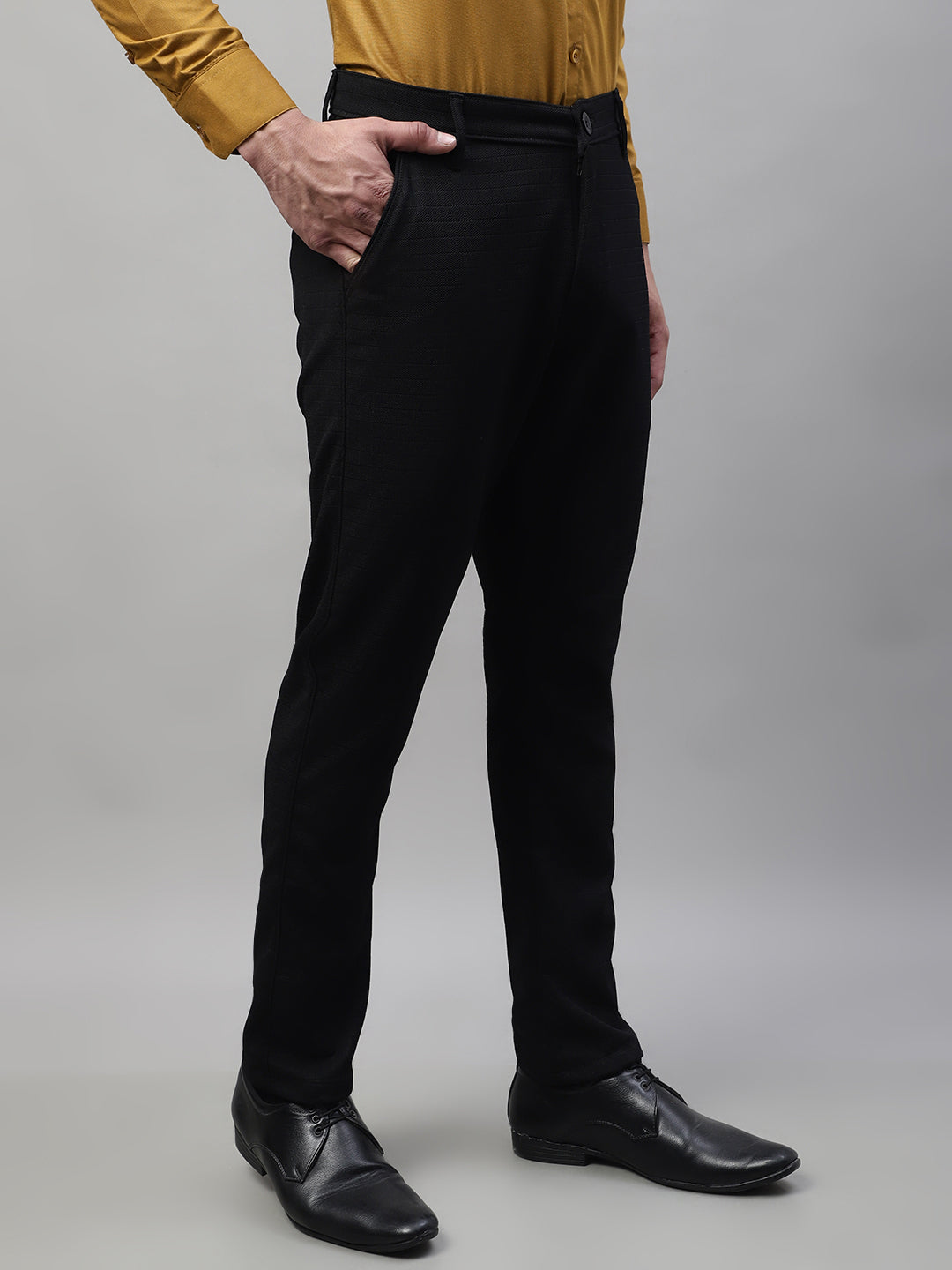 Jainish Men's Black Tapered Fit Formal Trousers | Swadesiicart