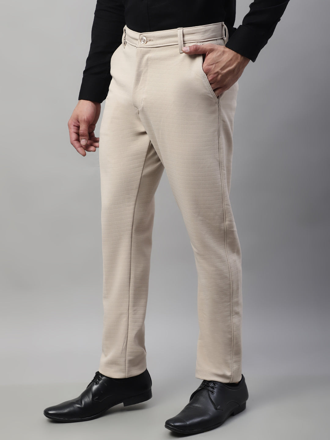 Jainish Men's Cream Tapered Fit Formal Trousers | Swadesiicart