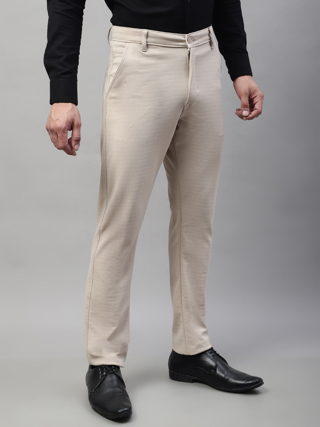 Jainish Men's Cream Tapered Fit Formal Trousers | Swadesiicart