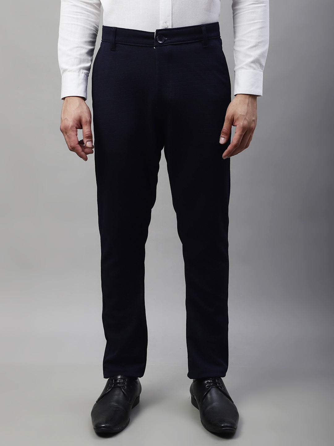 Jainish Men's Navy Blue Tapered Fit Formal Trousers | Swadesiicart