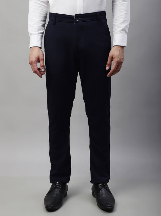Jainish Men's Navy Blue Tapered Fit Formal Trousers | Swadesiicart