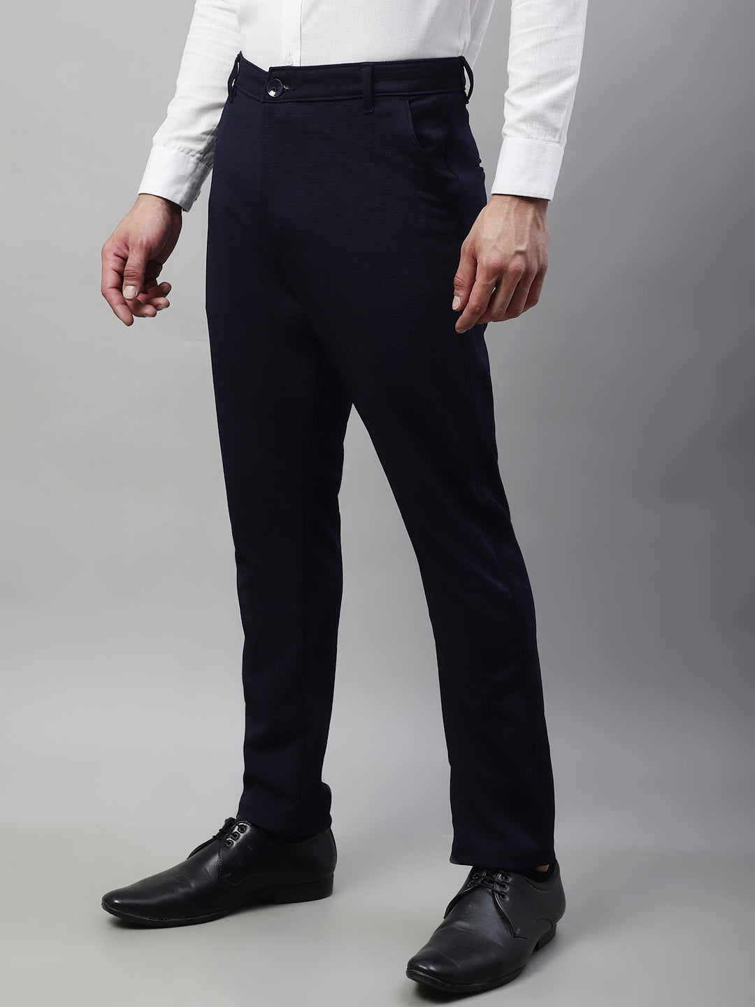 Jainish Men's Navy Blue Tapered Fit Formal Trousers | Swadesiicart