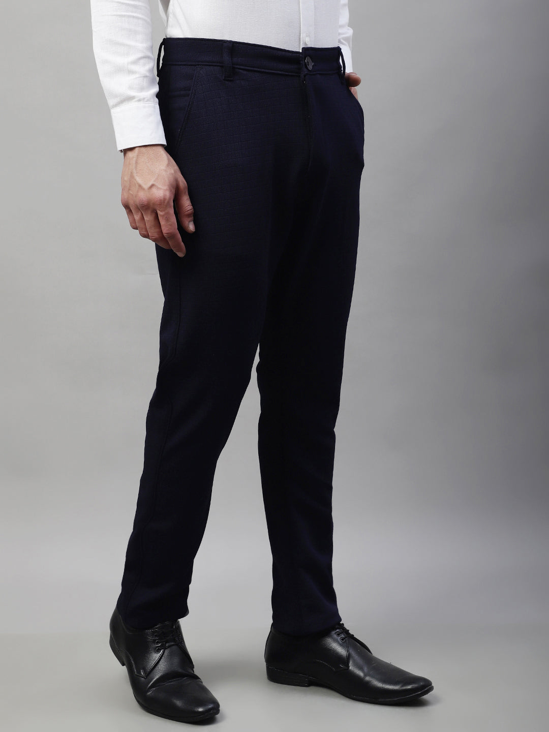 Jainish Men's Navy Blue Tapered Fit Formal Trousers | Swadesiicart