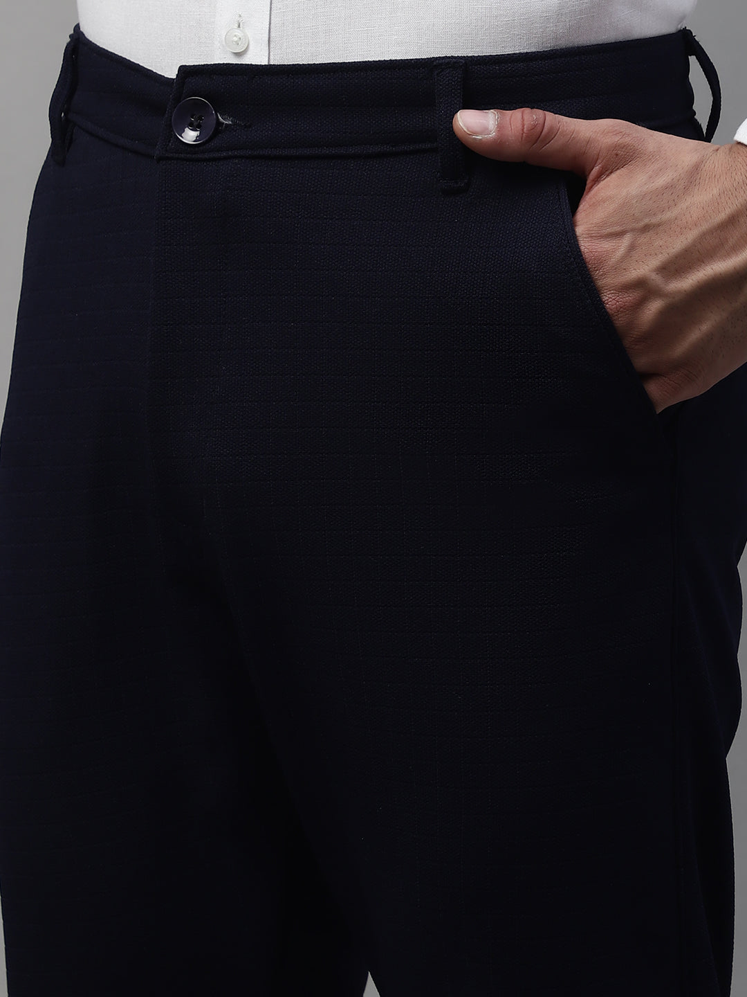 Jainish Men's Navy Blue Tapered Fit Formal Trousers | Swadesiicart