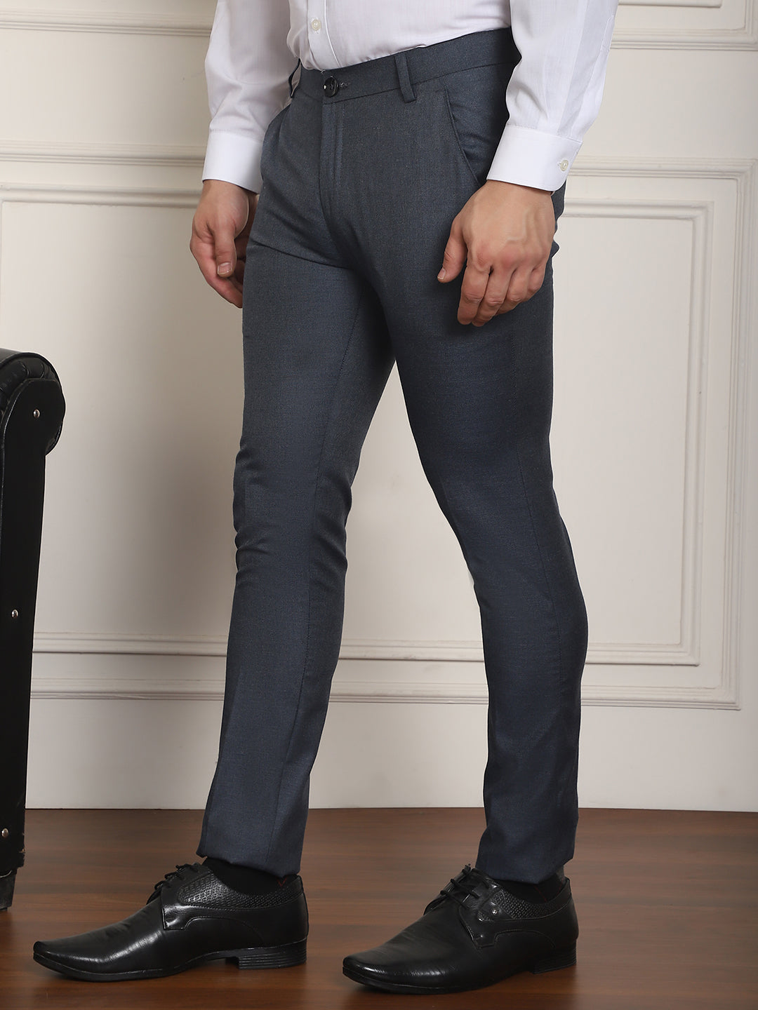 Indian Needle Men's Tapered Fit Solid Trousers - Charcoal | Swadesiicart