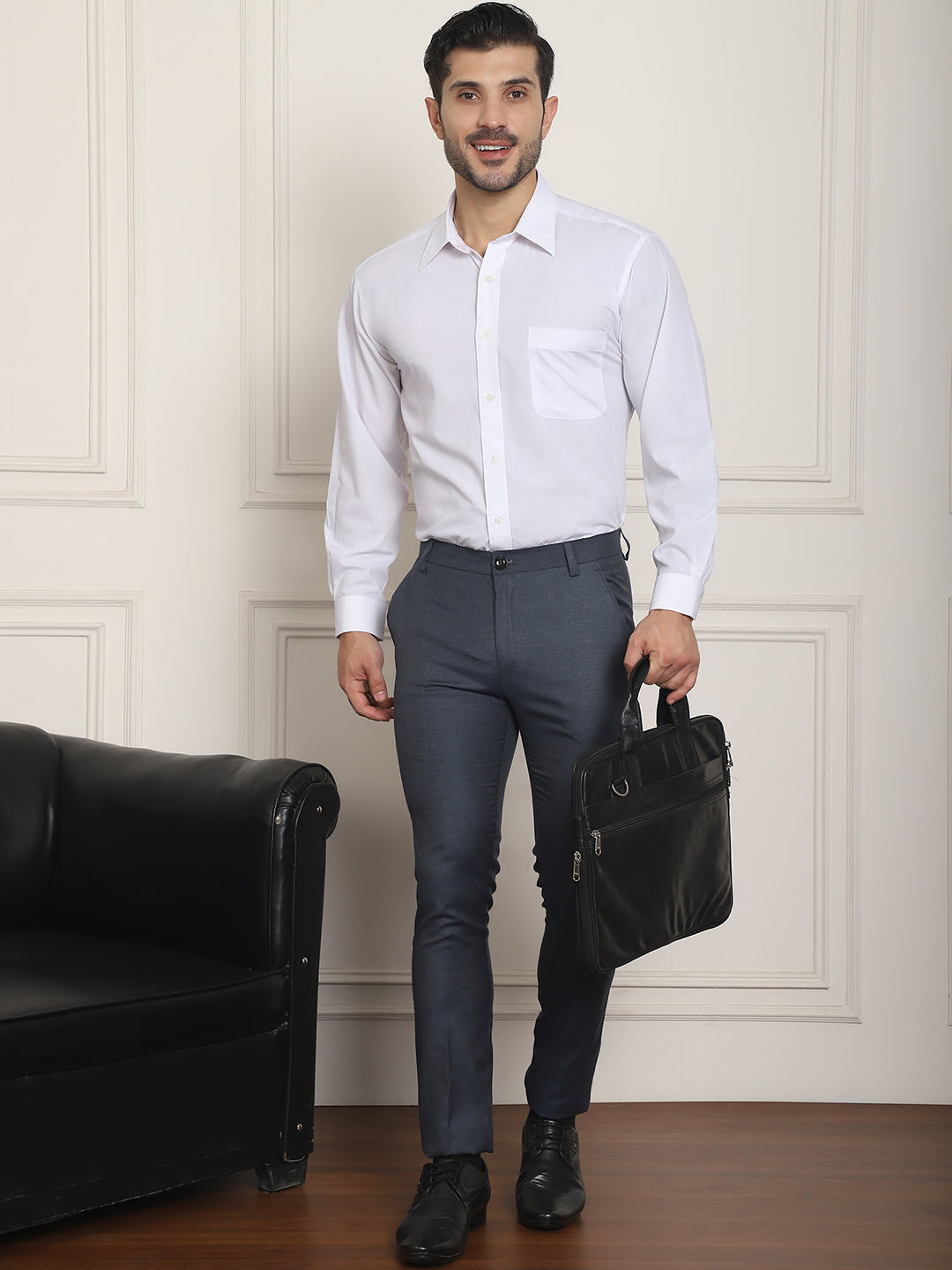 Indian Needle Men's Tapered Fit Solid Trousers - Charcoal | Swadesiicart