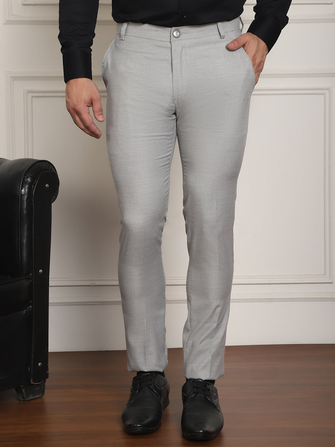 Indian Needle Men's Tapered Fit Solid Trousers - Light-Grey | Swadesiicart