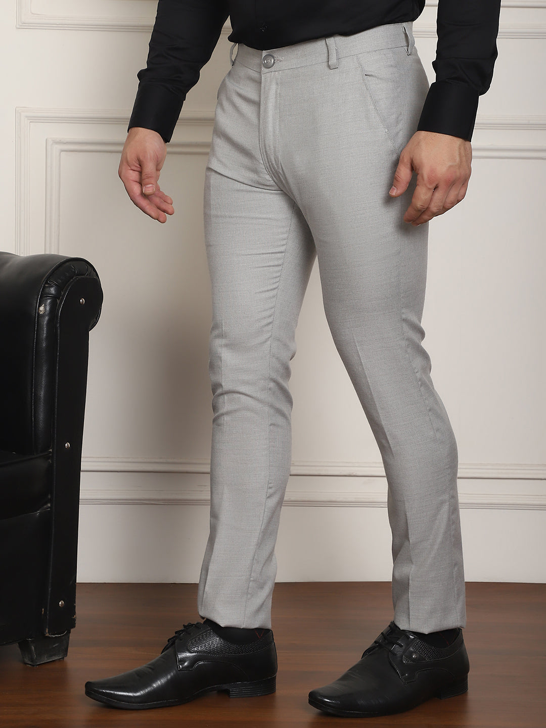 Indian Needle Men's Tapered Fit Solid Trousers - Light-Grey | Swadesiicart