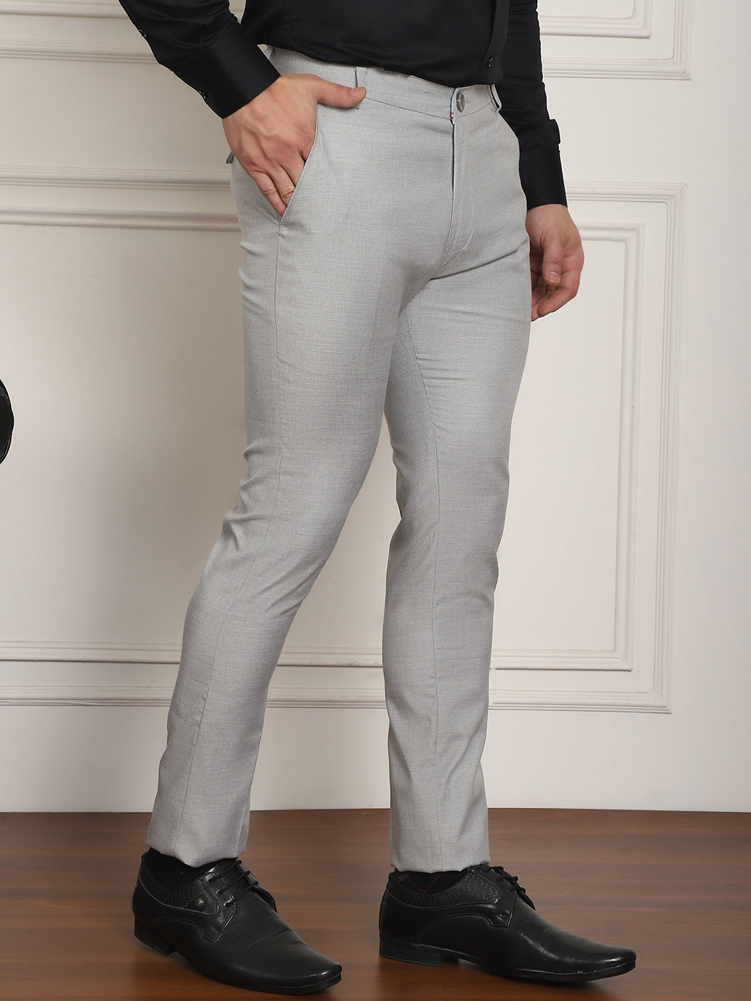 Indian Needle Men's Tapered Fit Solid Trousers - Light-Grey | Swadesiicart