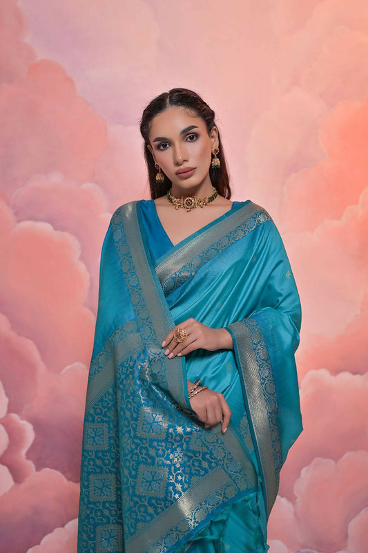 Vishnu Weaves Women's Firozi Soft Silk Zari Woven Saree with Blouse - Swadesiicart