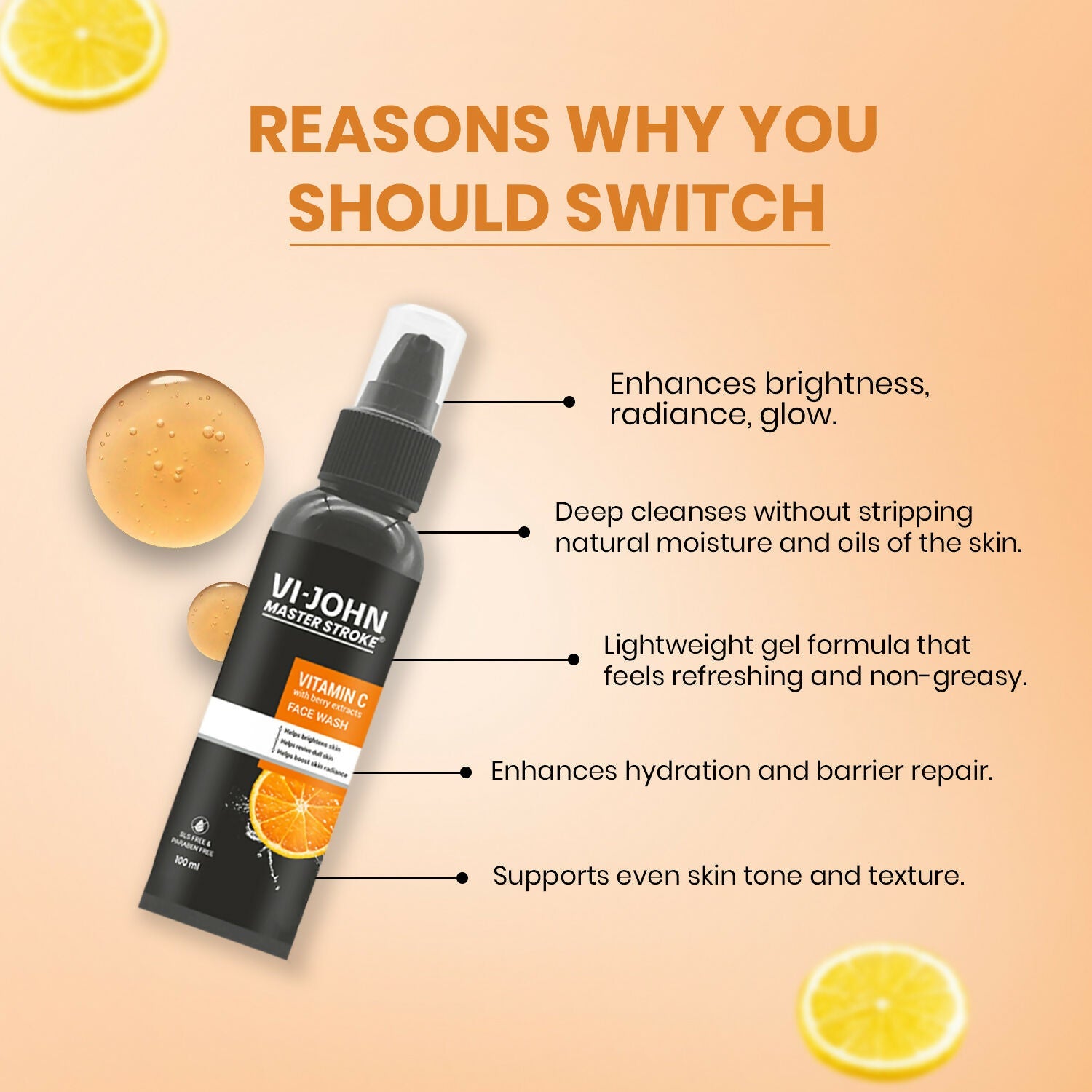 VI-JOHN Master Stroke Vitamin-C Face Wash Brightening Skin And Radiant Glow For All Skin Types | Swadesiicart