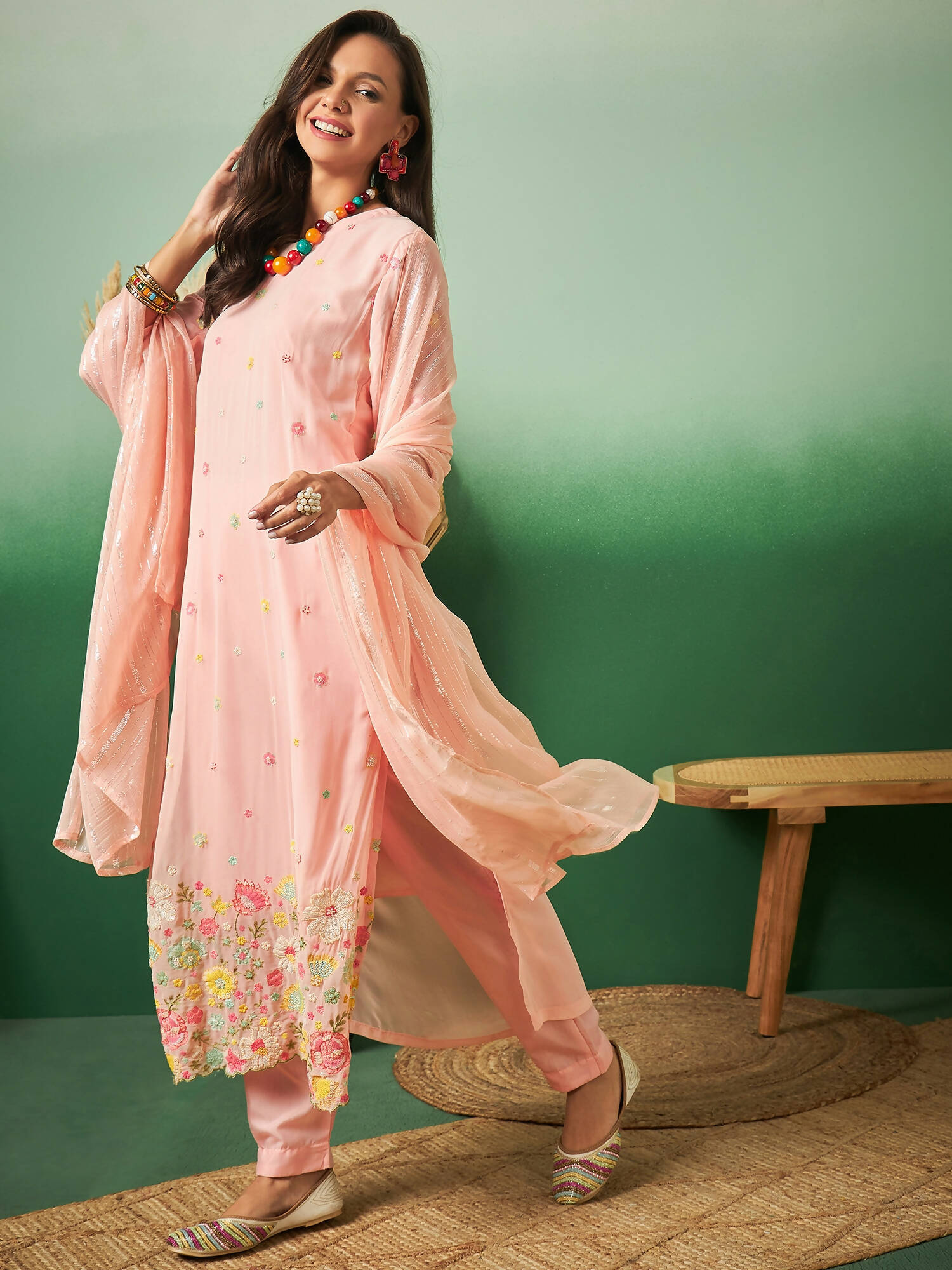 Peach Georgette Handwork Unstitched Dress Material - Hanika | Swadesiicart