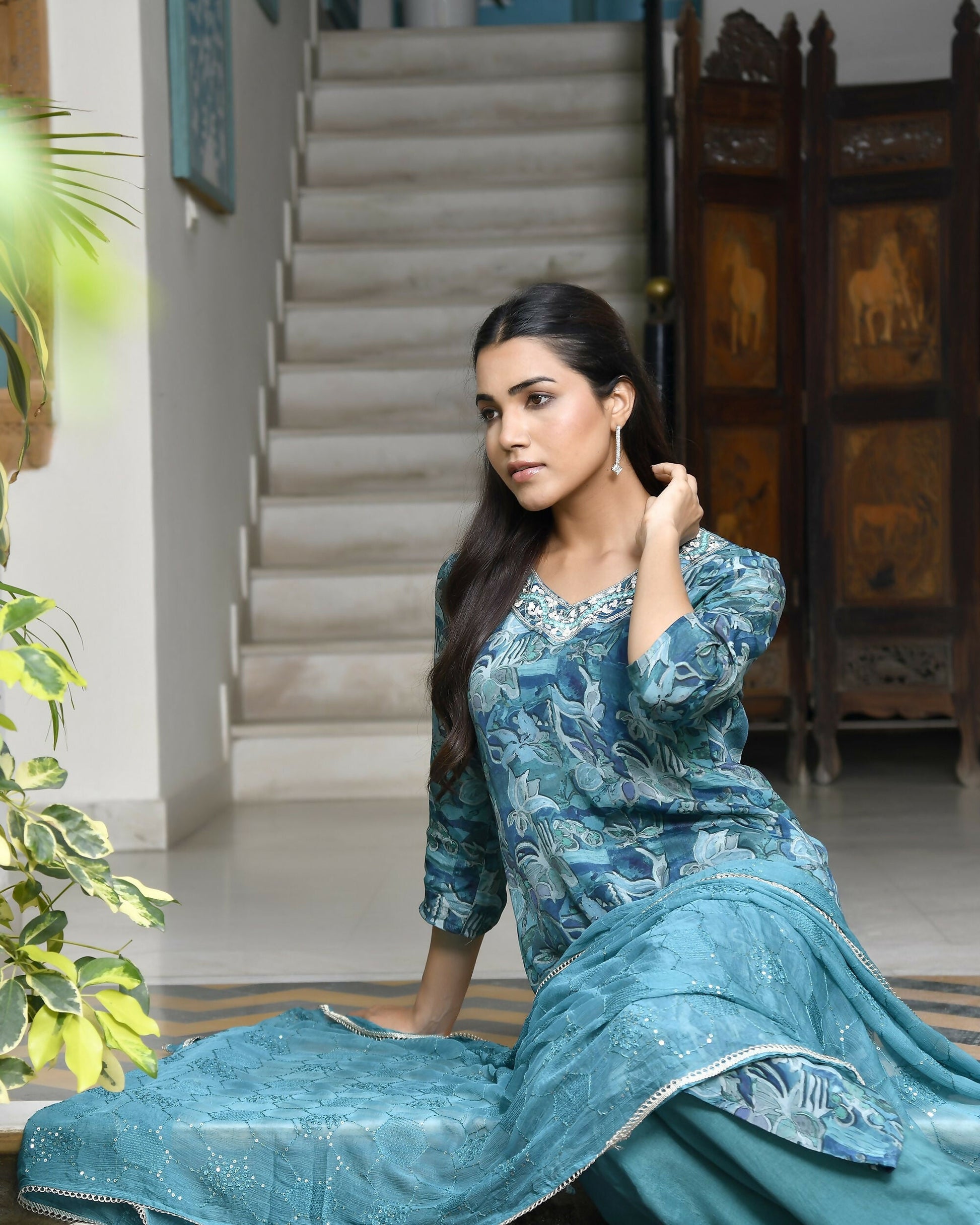 Vaasva Women's Teal Crepe Embroidered Suit Set | Swadesiicart