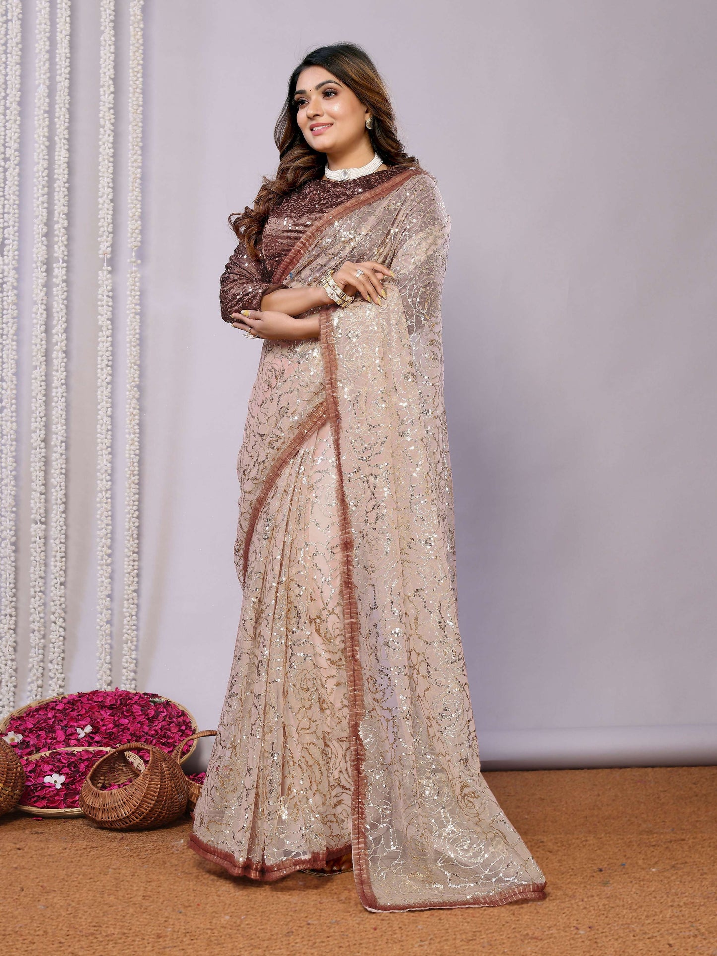 Brown Net Embroidered Saree With Stitched Blouse - Nimaya Kaksha