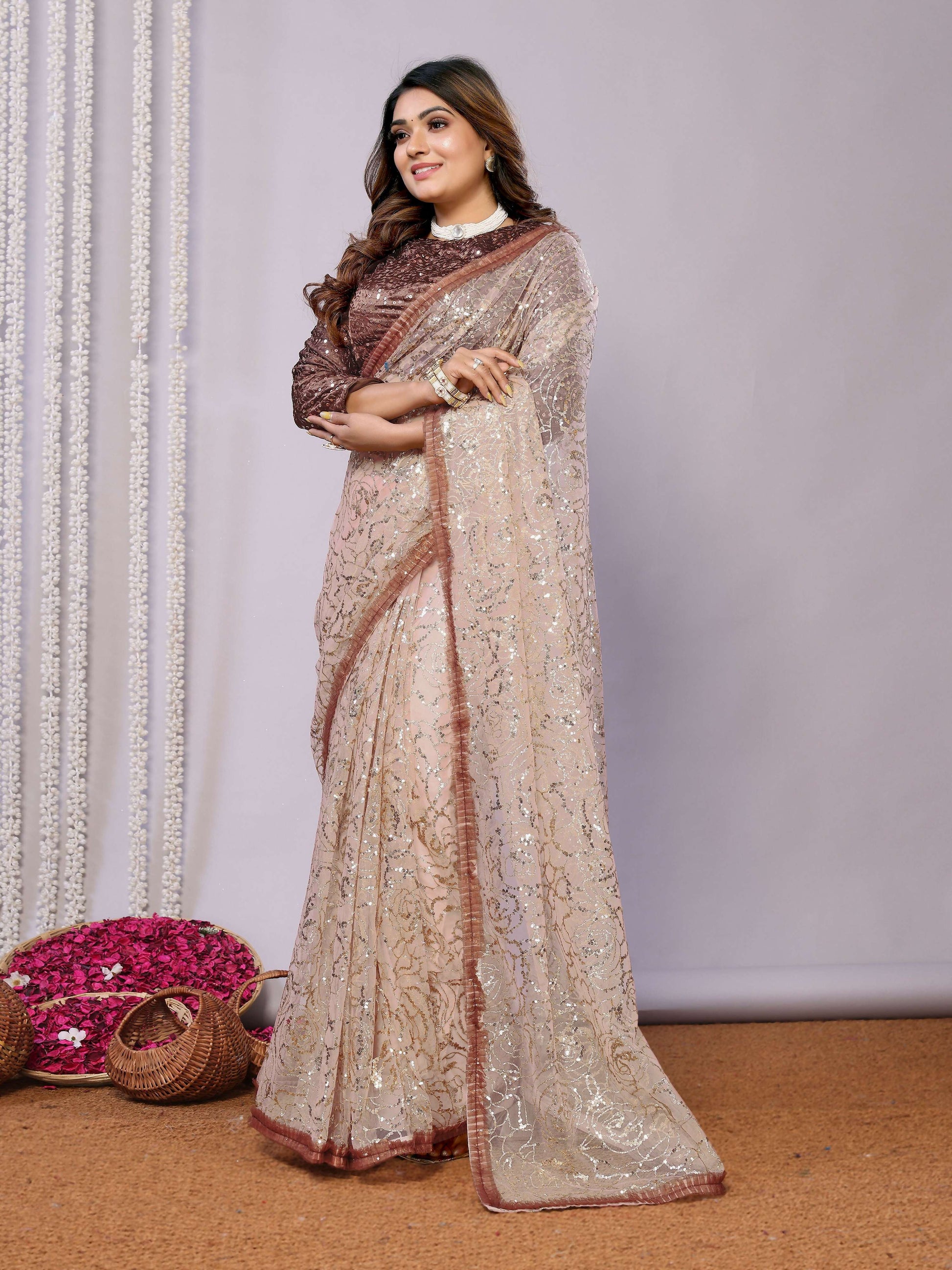 Brown Net Embroidered Saree With Stitched Blouse - Nimaya Kaksha