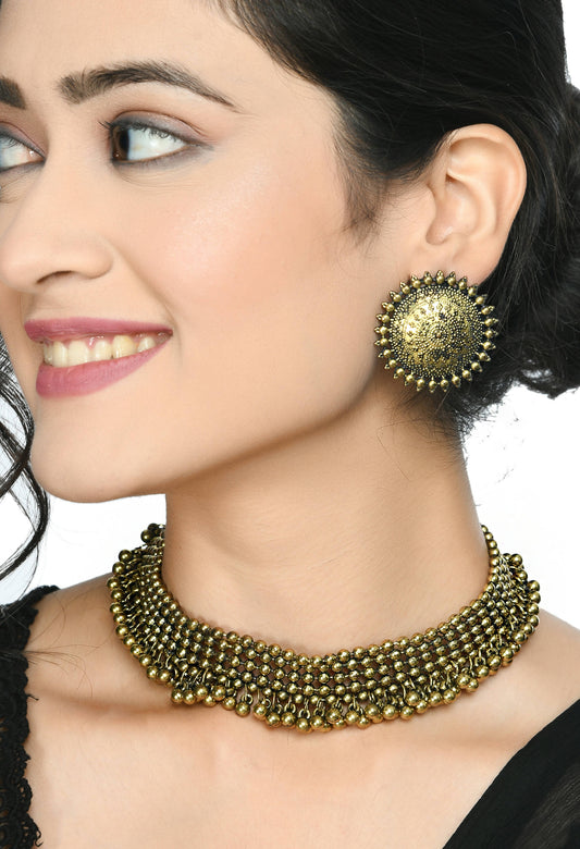 Mominos Fashion Johar Kamal Oxidised Gold-Polished Brass Finish Ghungroo Design Choker Set | Swadesiicart