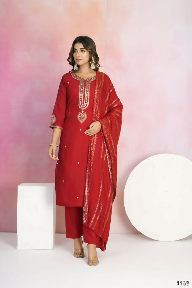 Ethnic Festive Wear Viscose Chanderi Red Stitched Suit With Dupatta - Tanisha | Swadesiicart