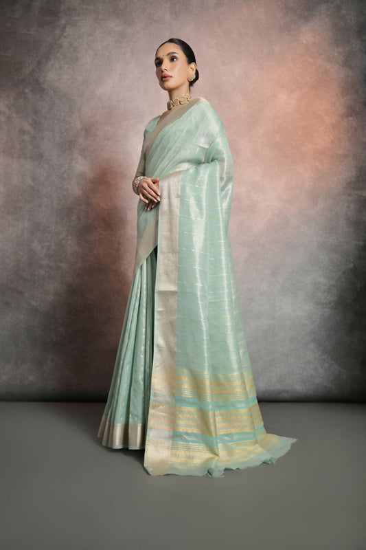 Vishnu Weaves Women's Sea-Green Tissue Linen Zari Woven Saree with Blouse - Swadesiicart