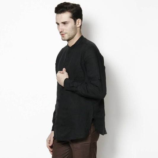 Even Apparels Black Linen Linen Men's Kurta With Band Collar | Swadesiicart