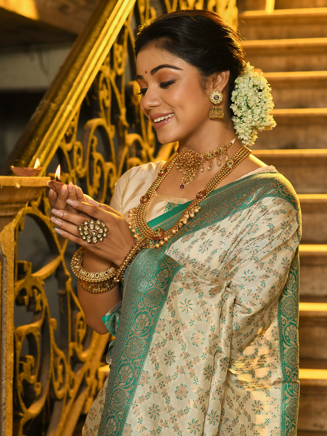 Astita Rajvastra Sea Green Banarasi Silk Saree | Swadesiicart