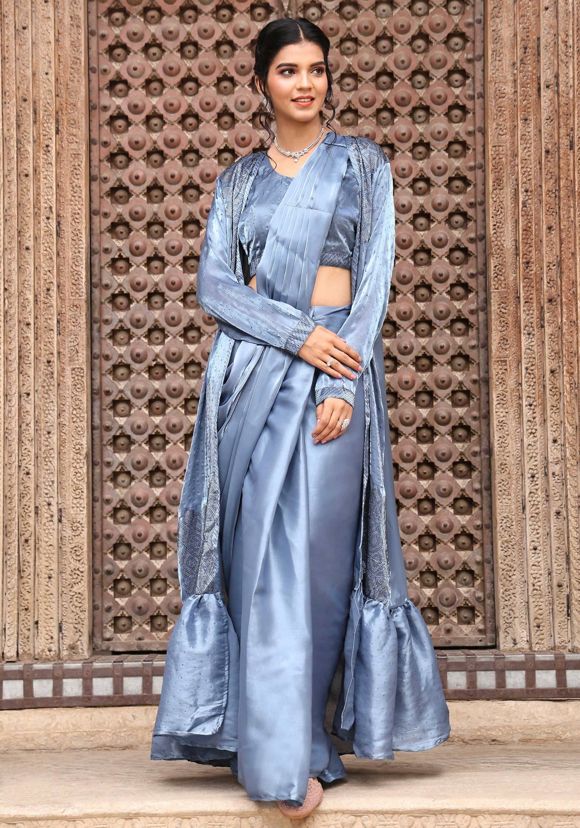 Sky Blue Tom Silk Plain Ready To Wear Saree With Stitched Blouse - Satiksha | Swadesiicart