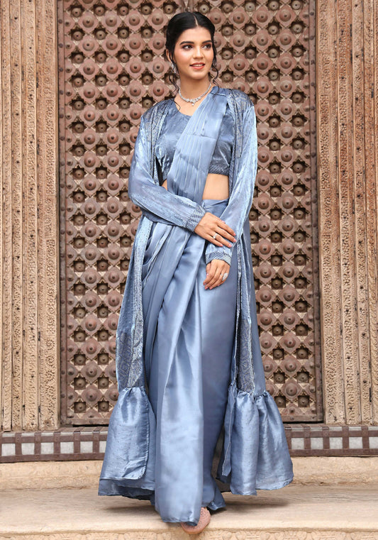 Sky Blue Tom Silk Plain Ready To Wear Saree With Stitched Blouse - Satiksha | Swadesiicart