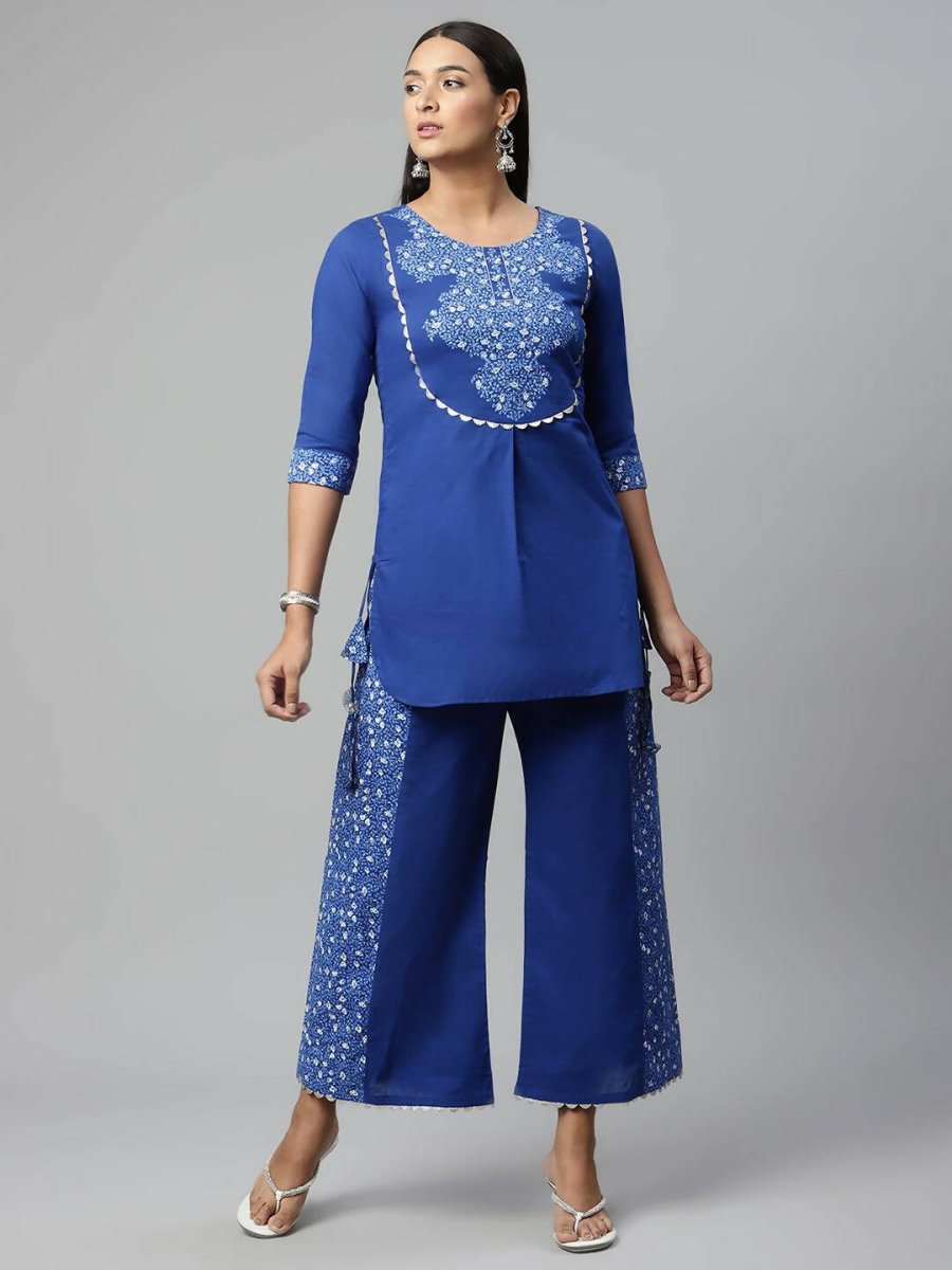 Ahalyaa Womens Royal Blue Pure Cotton Printed Tunic Palazzo Set | Swadesiicart