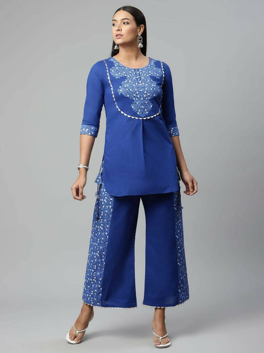 Ahalyaa Womens Royal Blue Pure Cotton Printed Tunic Palazzo Set | Swadesiicart