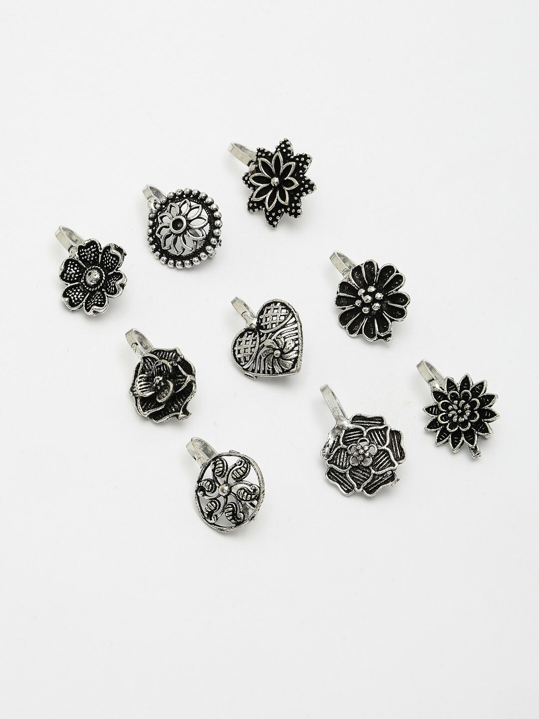 NVR Women's Set of 9 Silver-Plated German Silver Nose Pins | Swadesiicart