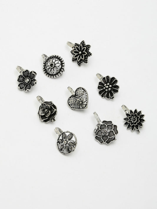 NVR Women's Set of 9 Silver-Plated German Silver Nose Pins | Swadesiicart