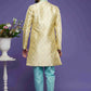 Raivat Ethnic Banarasi Jacquard Embroidery Semi Indo Western Sherwani In Gold Colour | Swadesiicart