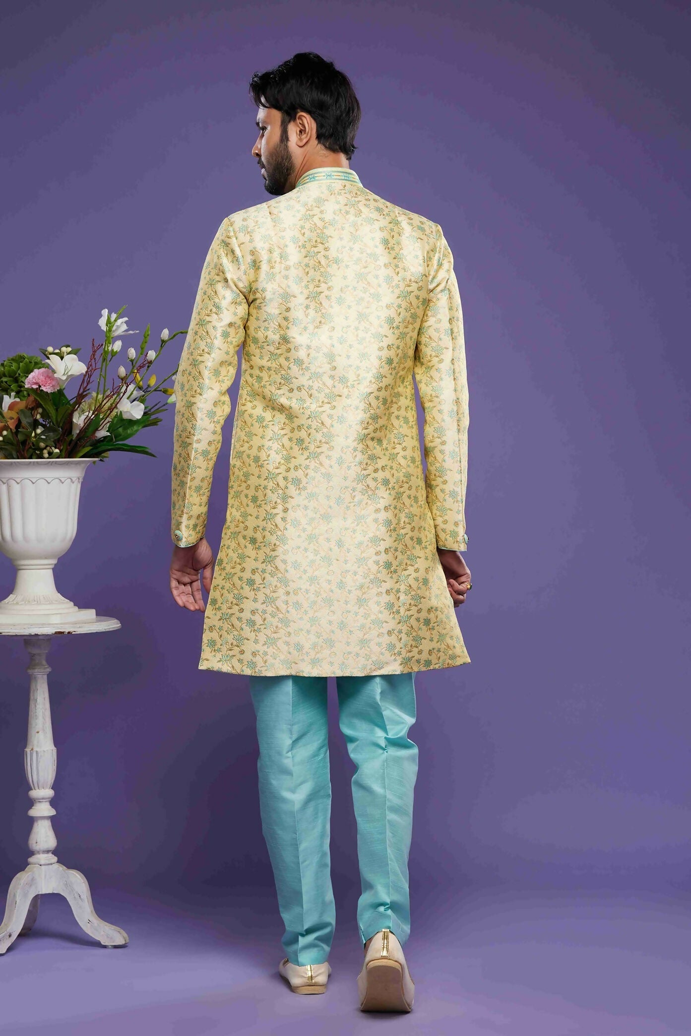 Raivat Ethnic Banarasi Jacquard Embroidery Semi Indo Western Sherwani In Gold Colour | Swadesiicart