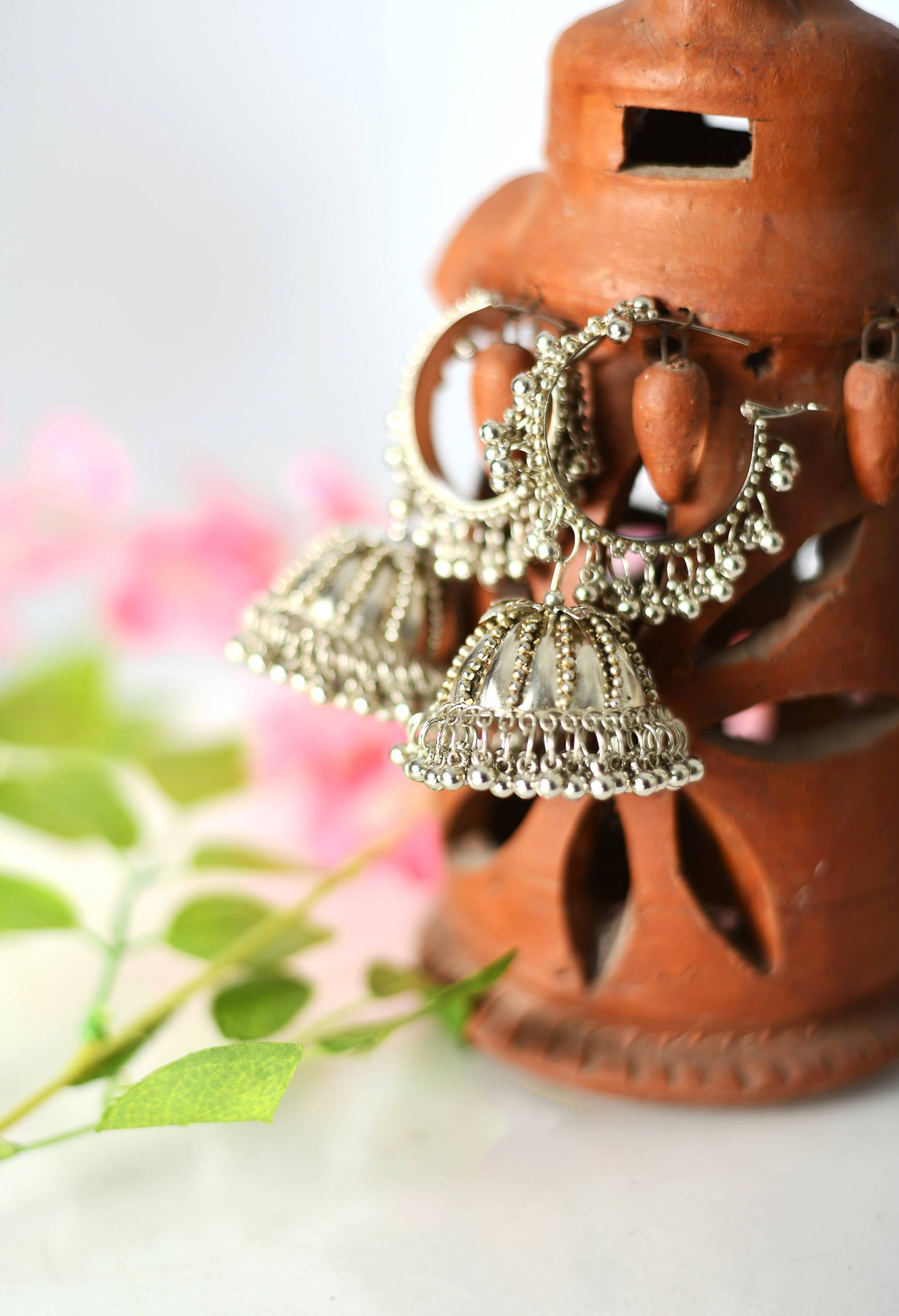 Mominos Fashion Johar Kamal Oxidised Silver-Plated With Ghungroo Jhumkas - Swadesiicart
