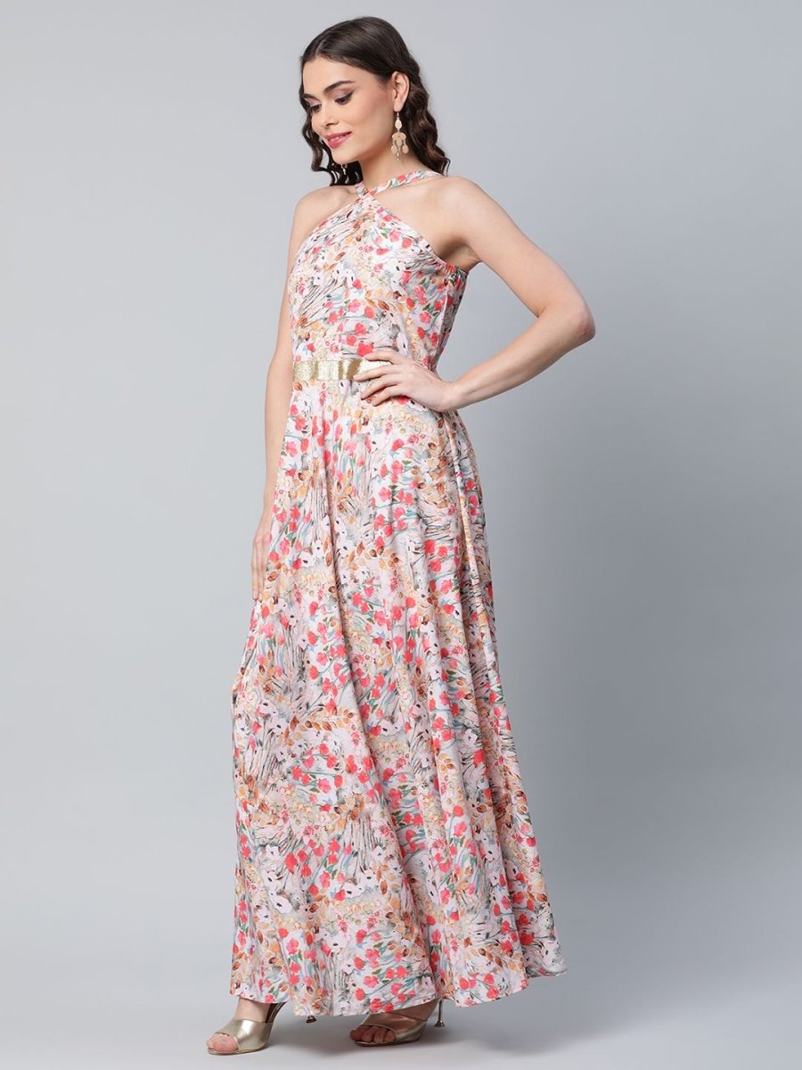 Ahalyaa Women Crepe Printed Classic White Romantic Florals Dress | Swadesiicart