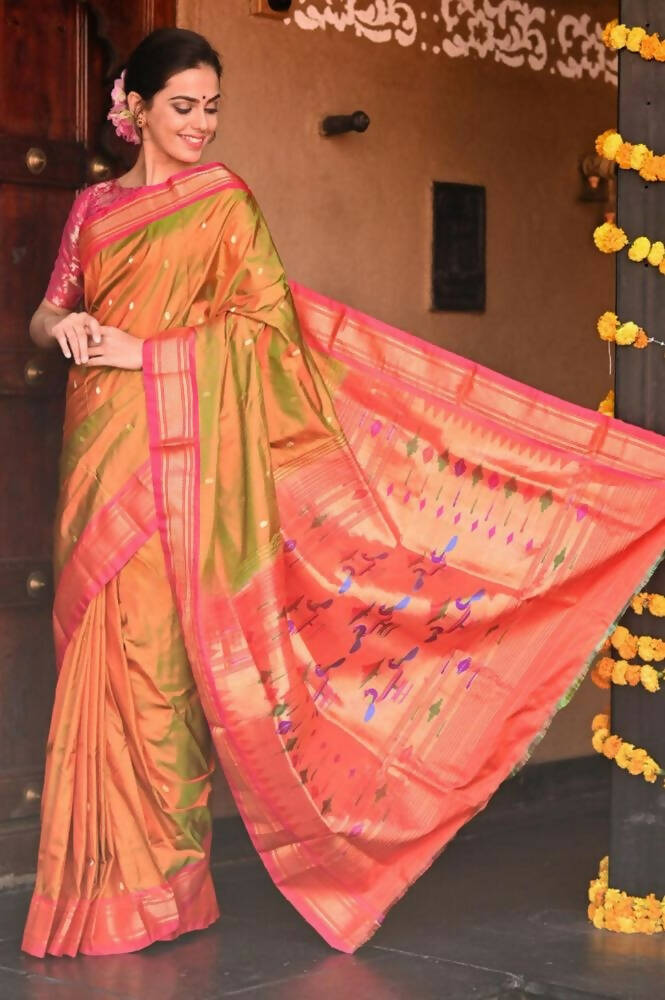 Very Much Indian Handloom Yeola Pure Silk Paithani - Dual Tone Green Pink | Swadesiicart