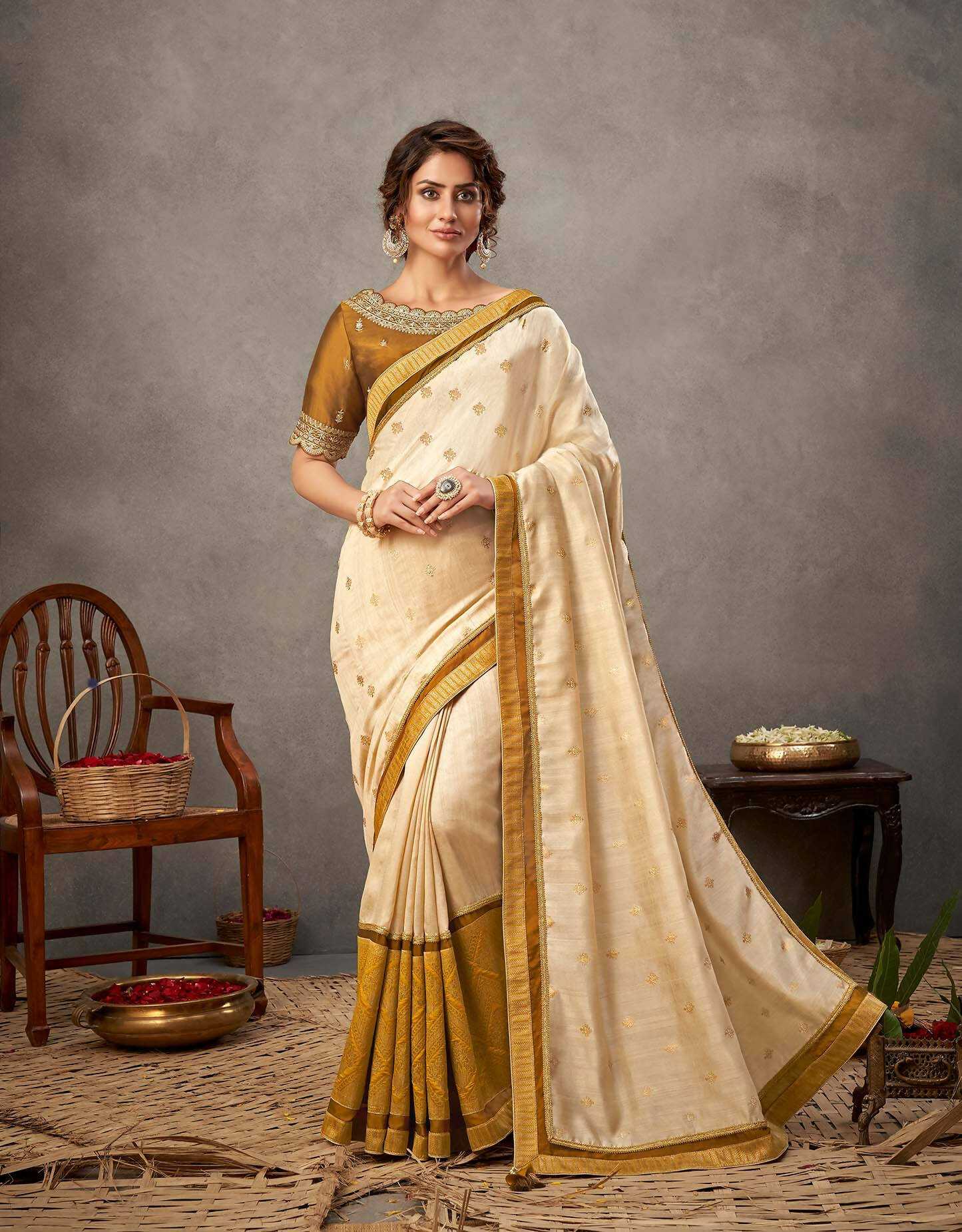 Off-White And Mustard Yellow Tusser Silk Zari And Sequins Embroidery Saree - Norita Arinya | Swadesiicart