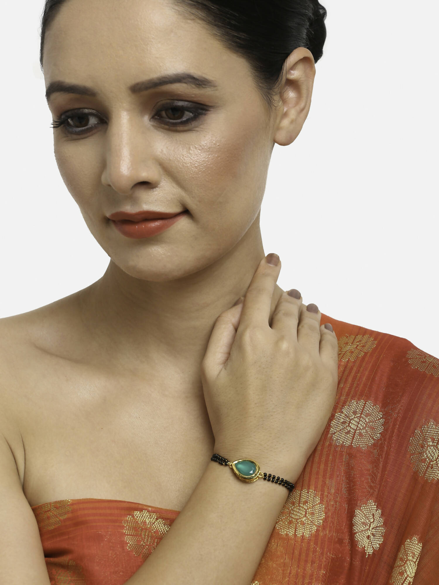 Women's Black Gold-Toned Gold-Polished Kundan Studded Charm Mangalsutra Bracelet - Ruby Raang - Ruby Raang Studio