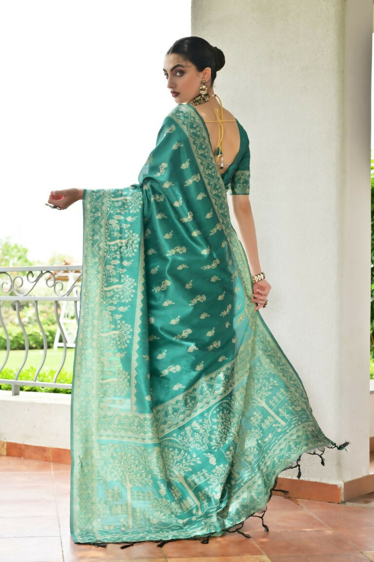 Vishnu Weaves Women's Rama Handloom Raw Silk Thread Weaving Saree with Blouse - Swadesiicart