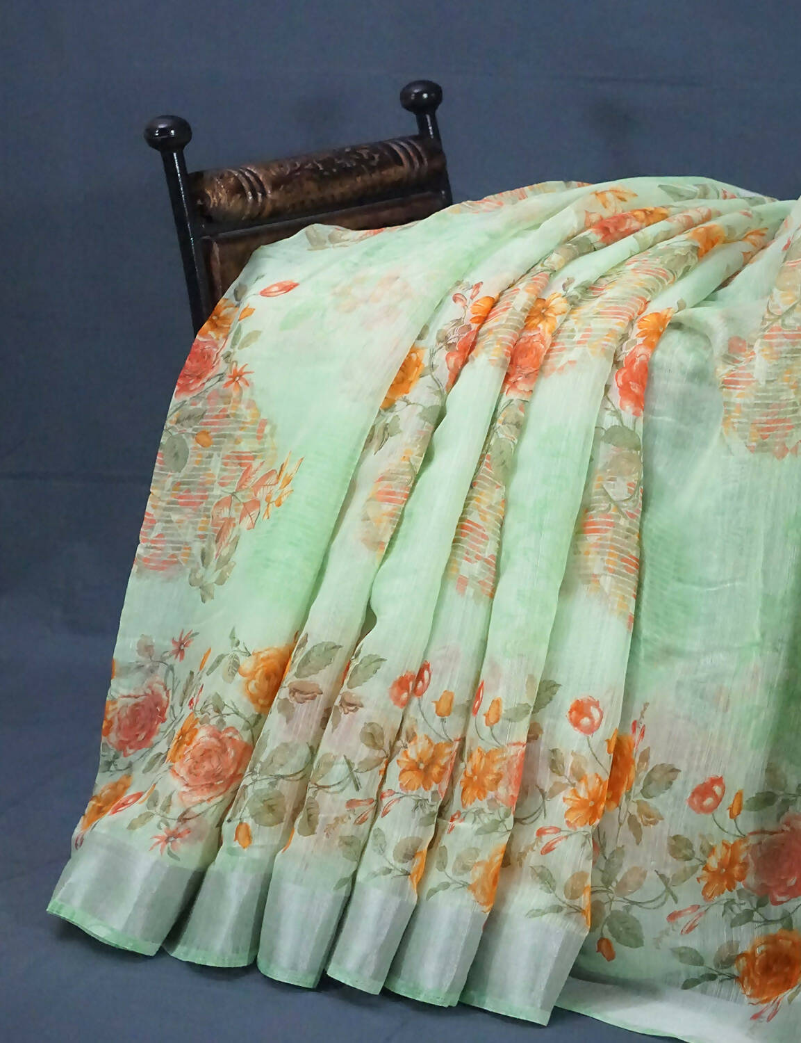 Shades Of Mint Green Floral Design Semi Chanderi Saree By Gayathri Reddy Designer Studio | Swadesiicart