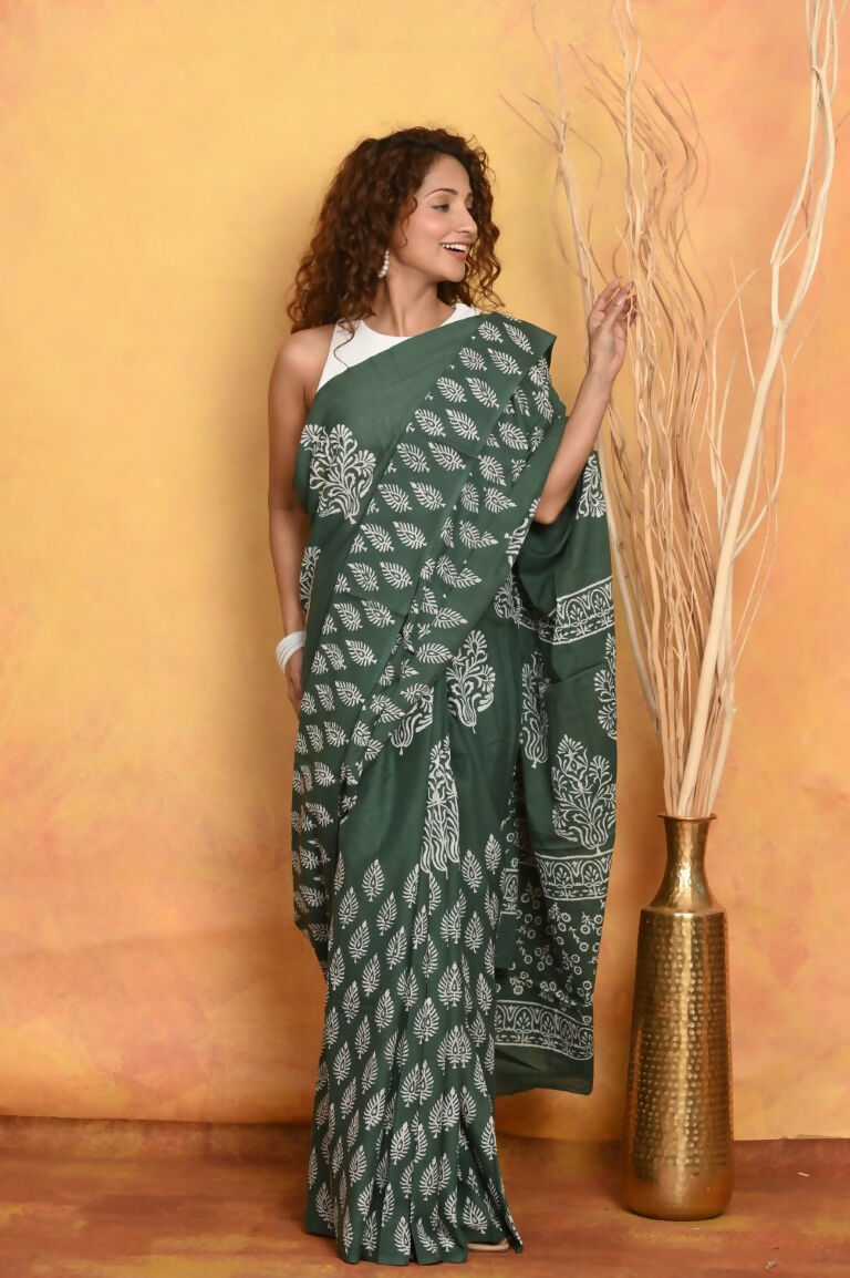 Very Much Indian Handblock Printed Cotton Saree With Natural Dyes - Green | Swadesiicart