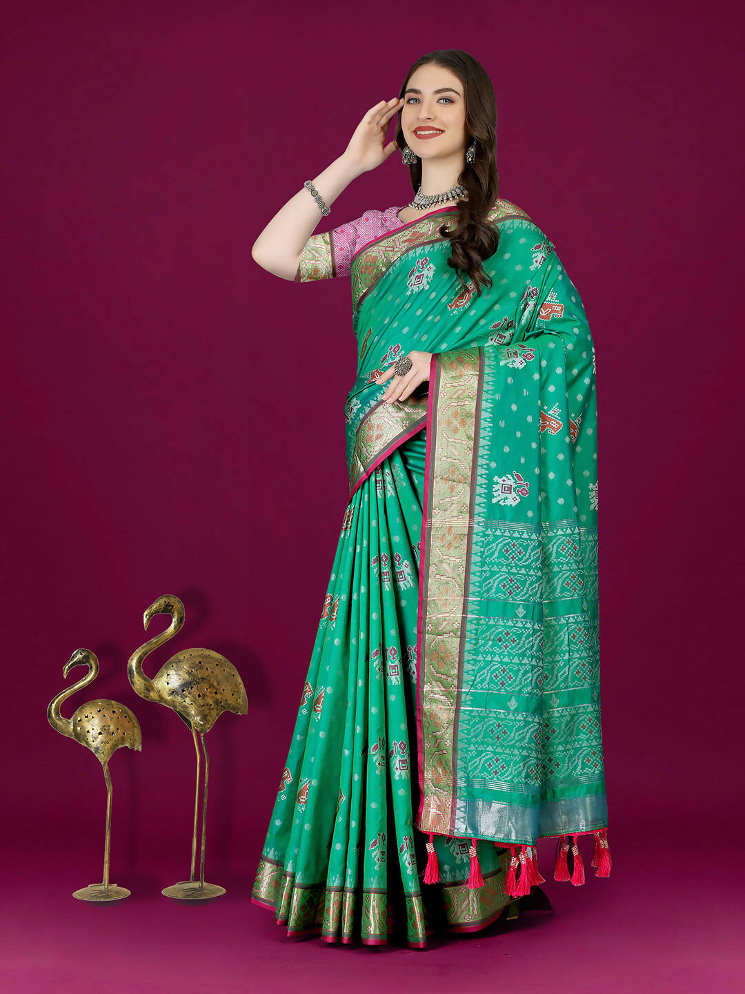 Lorenvalley Fashion Teal Patola Silk Woven Design Zari Meenakari Weaving Saree - Swadesiicart