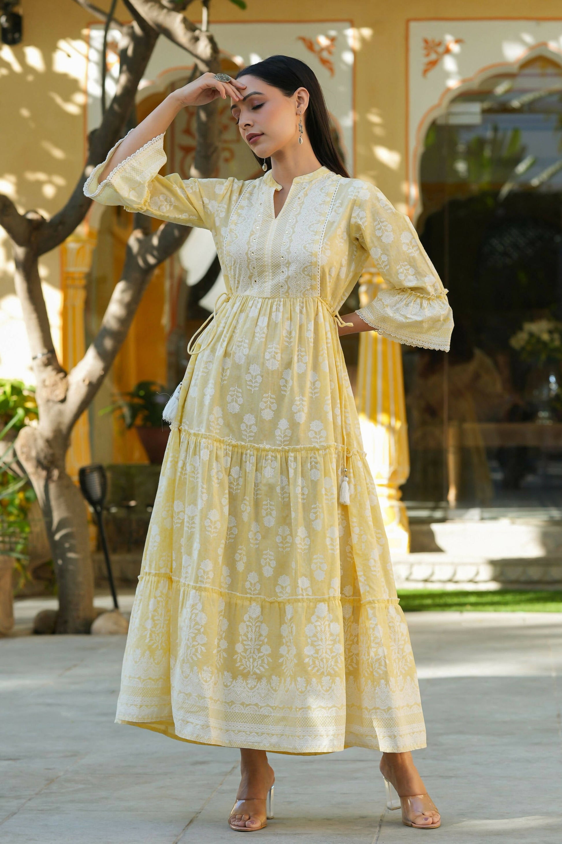 Juniper Women's Lemon Yellow Printed Teired Dress | Swadesiicart
