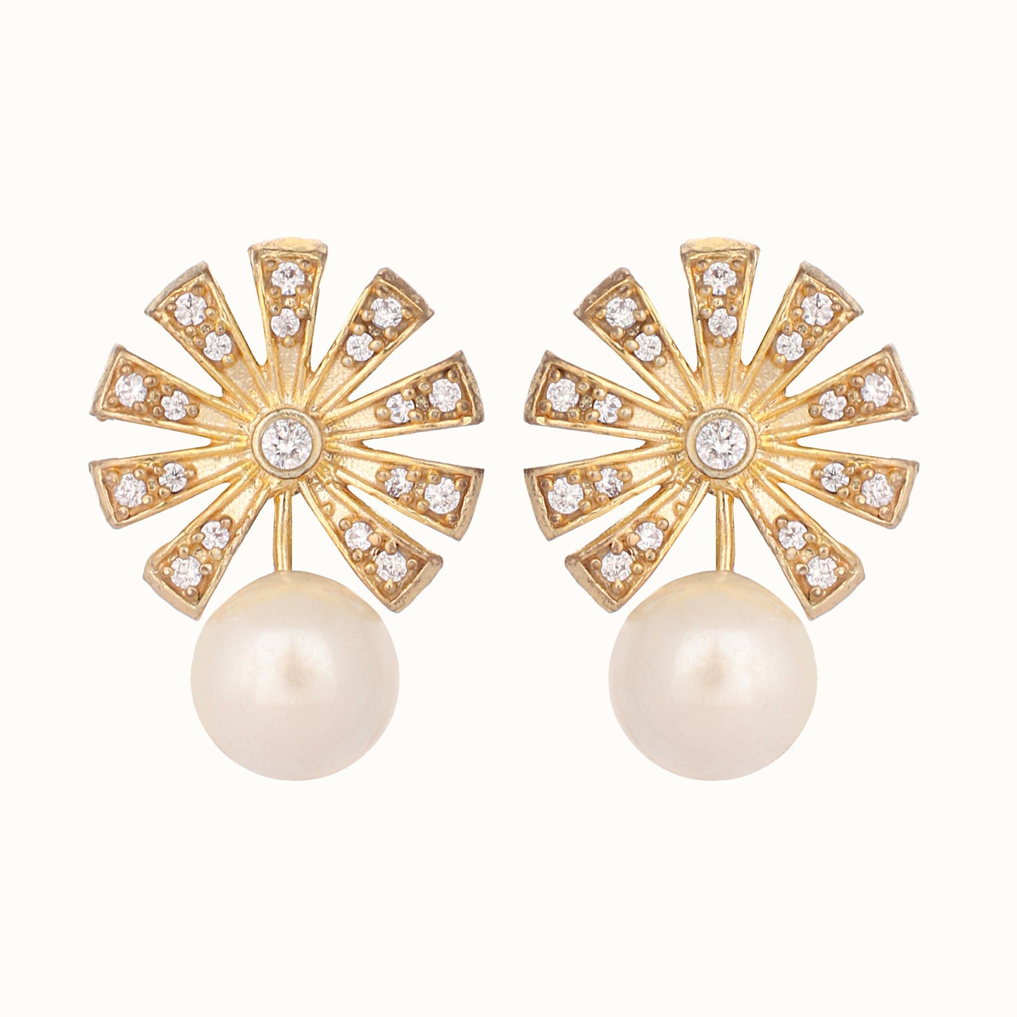 Nuyug 22K Gold-Plated Pearl Drop Zircon Floral Shaped Mini Stud Earrings | Swadesiicart