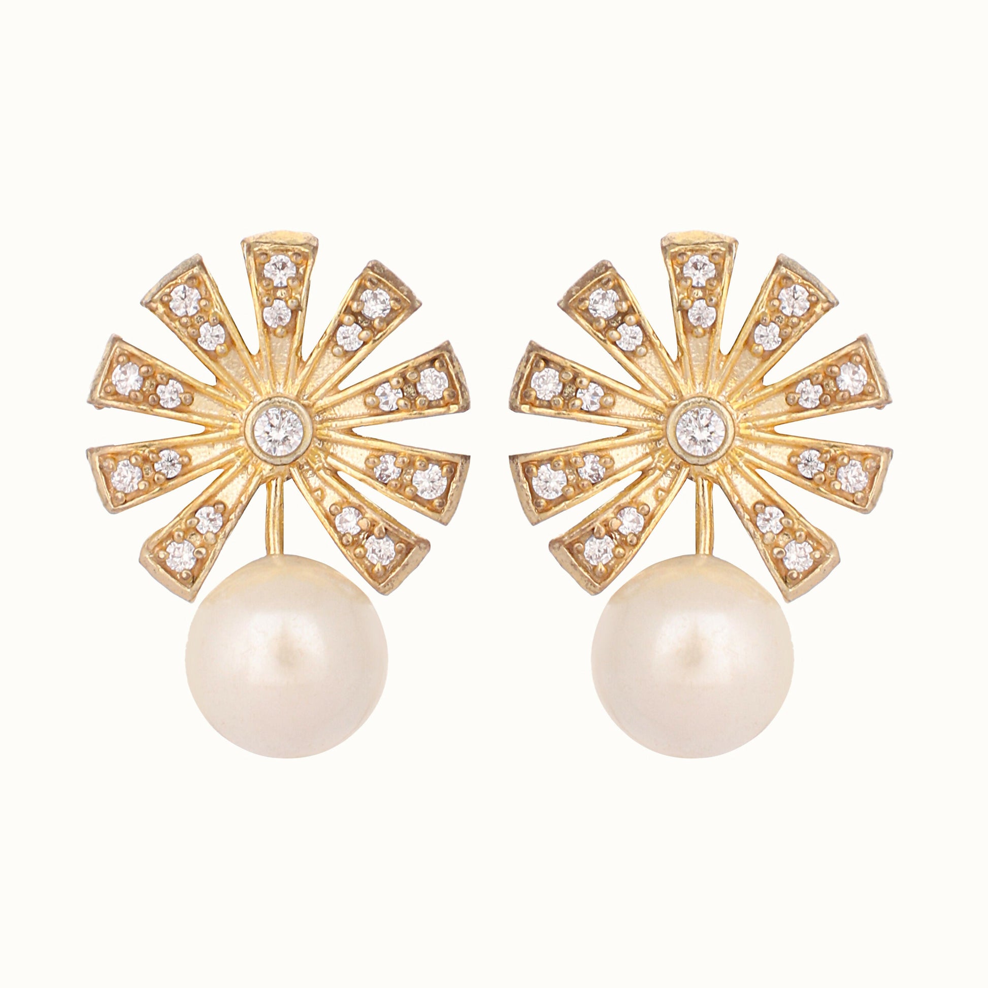 Nuyug 22K Gold-Plated Pearl Drop Zircon Floral Shaped Mini Stud Earrings | Swadesiicart