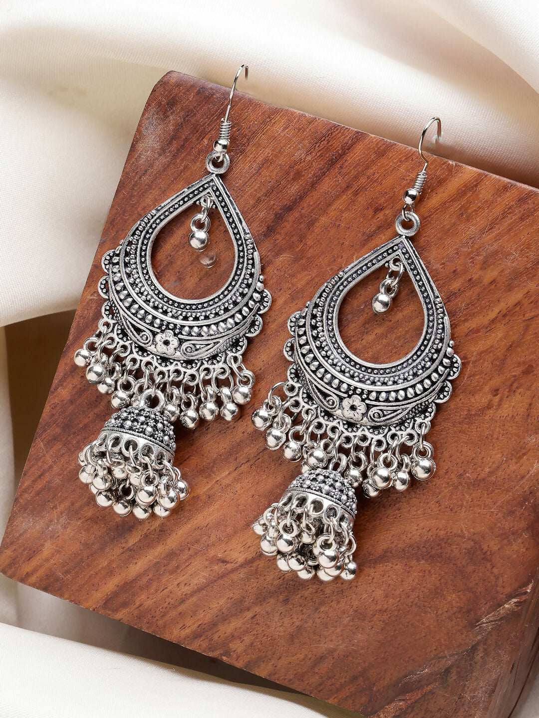 NVR Women's Silver-Plated German Silver Oxidized Jhumka Earrings | Swadesiicart