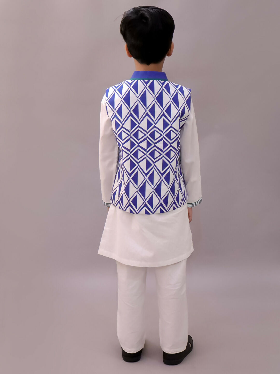 Lil Drama Shor-Gul White Kurta Pyjama with Blue Jacket Set For Boys | Swadesiicart