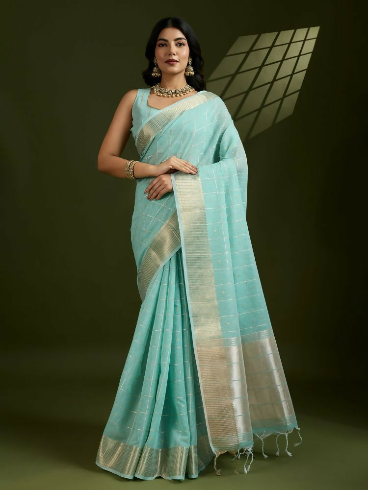 Vishnu Weaves Women's Sea-Green Soft Silk Zari Woven Saree with Blouse - Swadesiicart