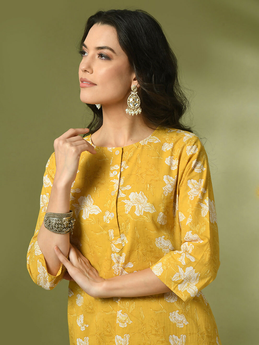 Myshka Women's Yellow Printed Cotton Round Neck Party Tunic With Trousers Co-ord set - Swadesiicart