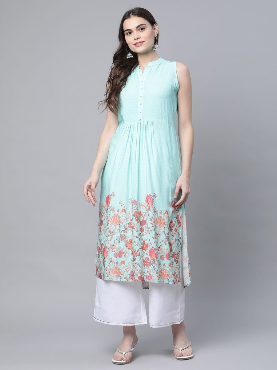 Ahalyaa Women's Sky Blue Rayon Printed Kurta Palazzo Set | Swadesiicart